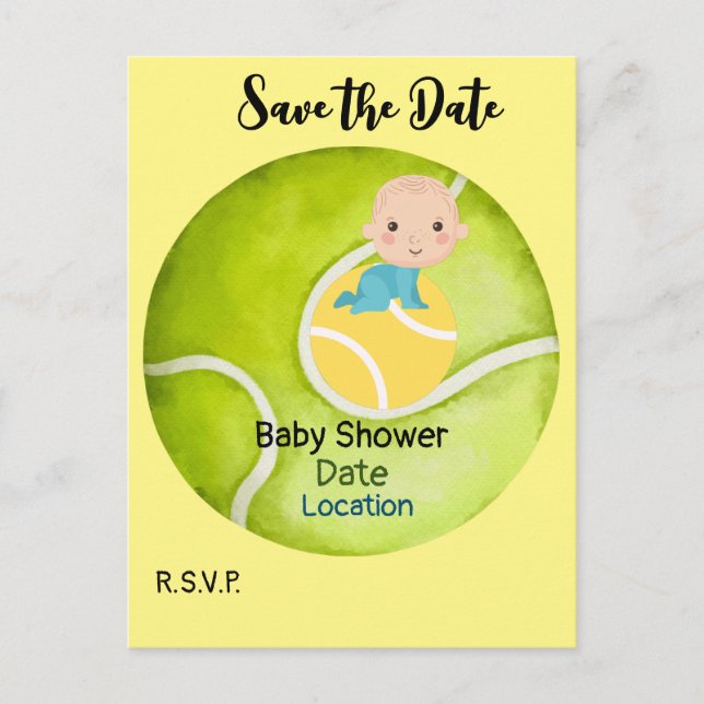 Tennis Baby Shower with Baby on Ball Save Date Postcard (Front)