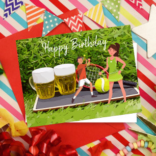 Tennis ball and glass of beer  birthday  postcard