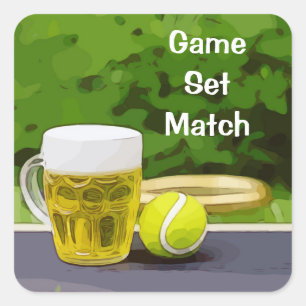 Tennis ball and glass of beer game set match square sticker