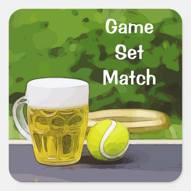 Tennis ball and glass of beer game set match square sticker (Front)