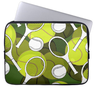 Tennis ball and racket black & white ink on green laptop sleeve
