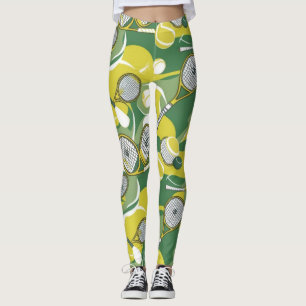 Tennis ball and racket black & white ink on green leggings
