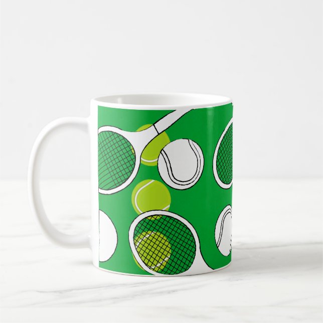 Tennis  ball and racket black white on green court coffee mug (Left)