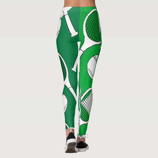 Tennis ball and racket black white on green court  leggings (Back)