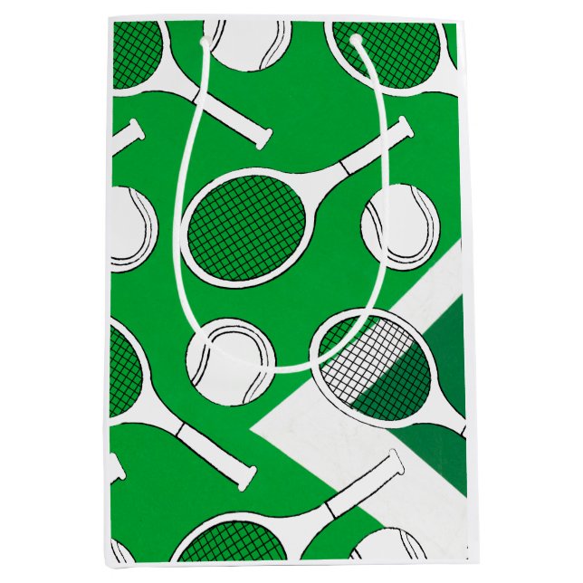 Tennis  ball and racket black white on green court medium gift bag (Front)