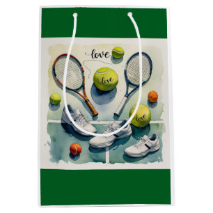 Tennis ball and racket on court with love medium gift bag