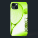 Tennis ball and racket sports green ipadcase iPhone 13 case<br><div class="desc">Tennis sporting case for ipad.  Personalise this item with your name. This example reads: Monique.  This original unique artwork was photographed and designed by Sarah Trett.</div>