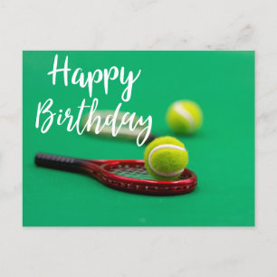 Tennis ball and red racket on green Happy Birthday Postcard