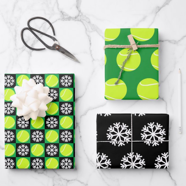 Tennis Ball and Snowflake Black & Green Christmas Wrapping Paper Sheet (Front)