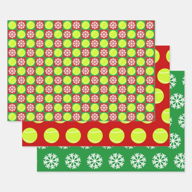 Tennis Ball and Snowflake Red and Green Christmas Wrapping Paper Sheet (Set)