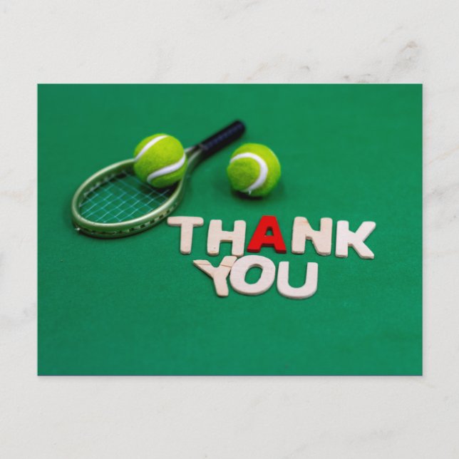 Tennis ball and thank you word on green postcard (Front)