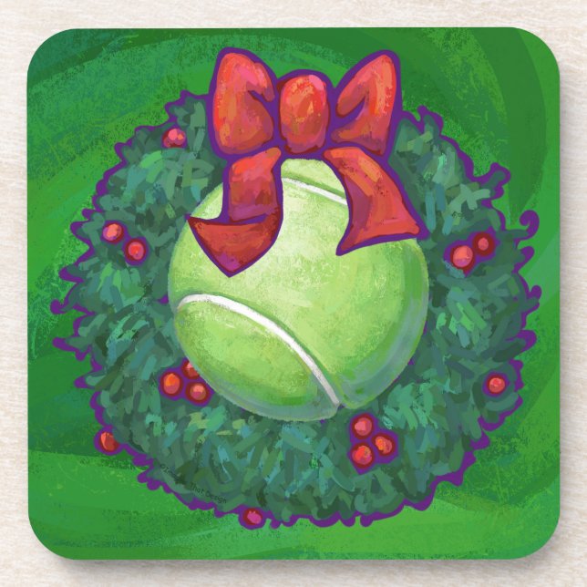 Tennis Ball Christmas Wreath on Green Coaster (Front)
