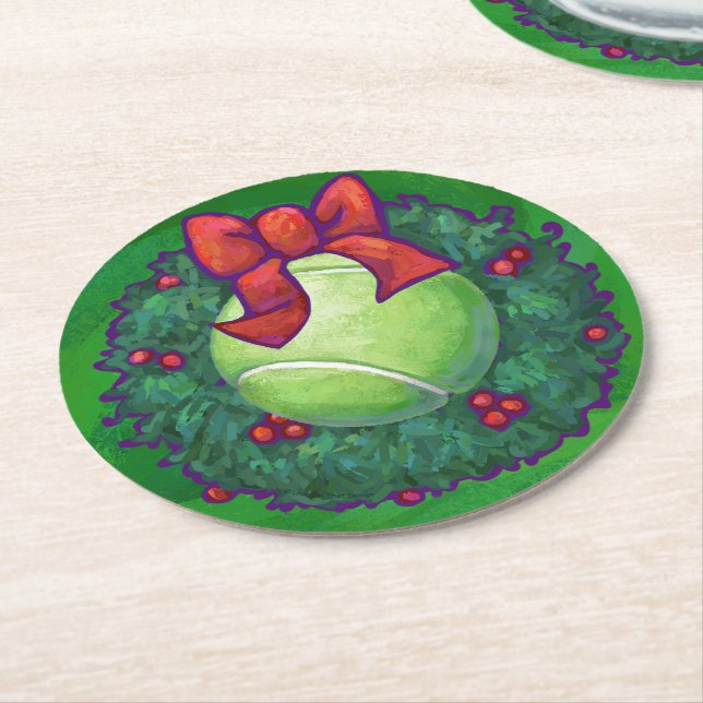Tennis Ball Christmas Wreath on Green Round Paper Coaster (Angled)