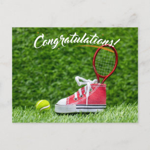 Tennis ball congratulations on green postcard