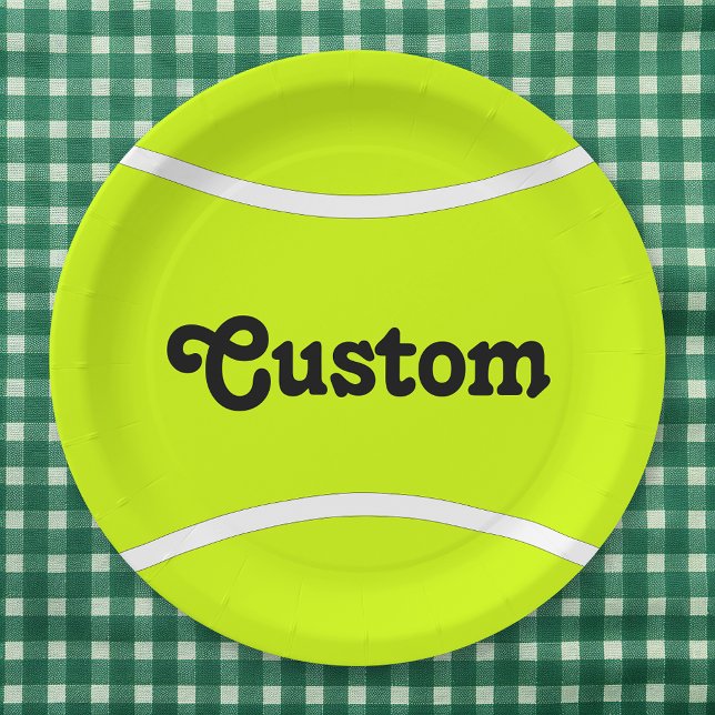 Tennis Ball Custom Text Team Party Paper Plates (tennis party paper plate with custom text)