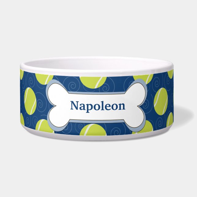 Tennis Ball Customised Dog Food Bowl - Navy Blue (Front)