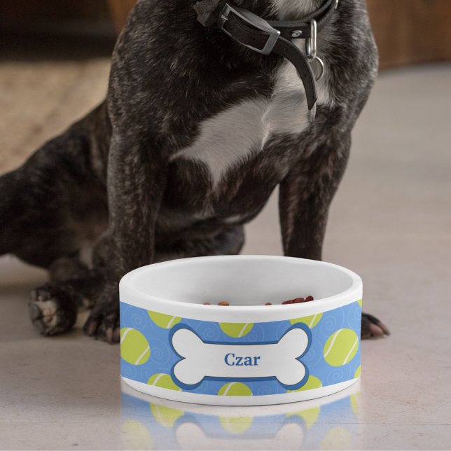 Tennis Ball Customised Pet Dog Food Bowl - Blue (Tennis Balls Dog Food Bowl)