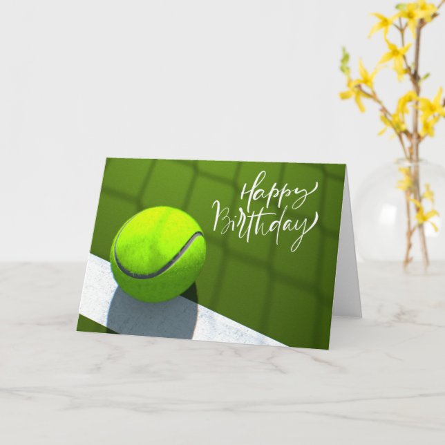 Tennis ball Happy Birthday on the court Card (Yellow Flower)