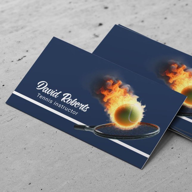 Tennis Ball in Fire Professional Tennis Coach Navy Business Card (Creator Uploaded)