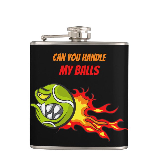Tennis Ball in Flames, Funny Sport Quote, Black Hip Flask (Front)
