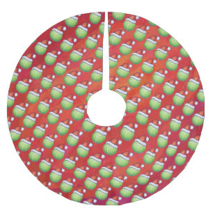 Tennis Ball in Santa Hat Pattern on Red Brushed Polyester Tree Skirt