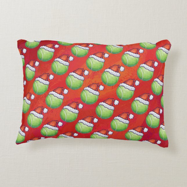 Tennis Ball in Santa Hat Pattern on Red Decorative Cushion (Back)