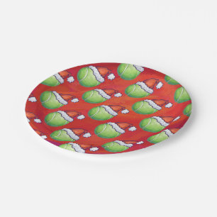 Tennis Ball in Santa Hat Pattern on Red Paper Plate