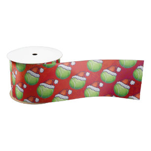 Tennis Ball in Santa Hat Pattern on Red Satin Ribbon
