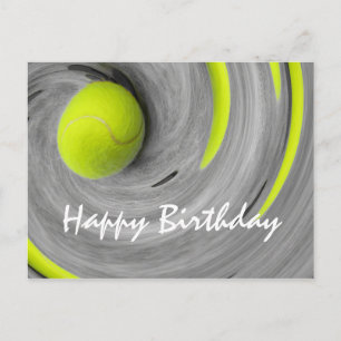 Tennis ball in spinning on the court birthday postcard
