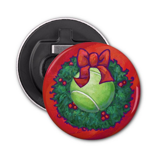 Tennis Ball in Wreath on Red Bottle Opener (Front)