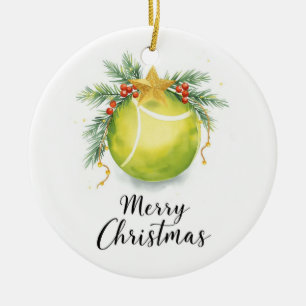 Tennis Ball Merry Christmas Holiday Ceramic Tree Decoration