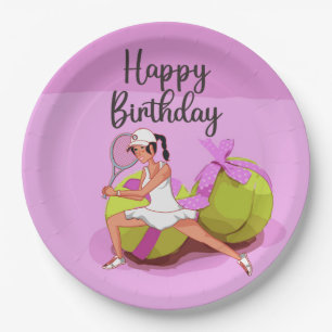 Tennis ball on pink Happy Birthday Woman Player Paper Plate