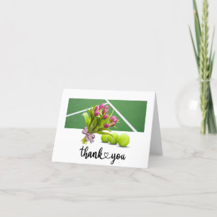 Tennis ball on tennis court background thank you card