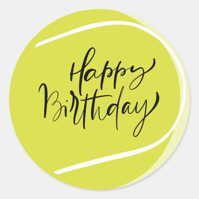 Tennis ball on yellow  Happy Birthday  Classic Round Sticker (Front)