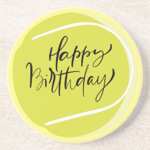Tennis ball on yellow Happy Birthday Coaster