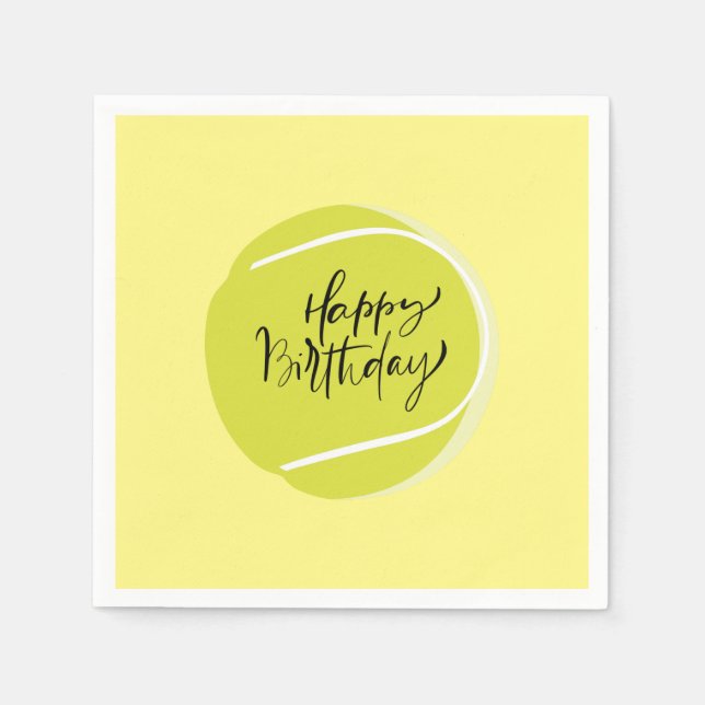 Tennis ball on yellow  Happy Birthday   Napkin (Front)