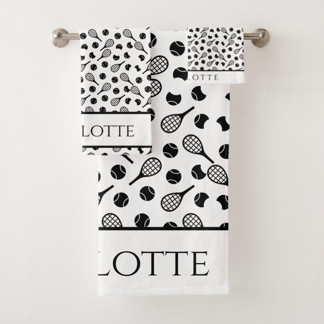Tennis Ball Pattern Black & White Simple Your Name Bath Towel Set (Insitu)