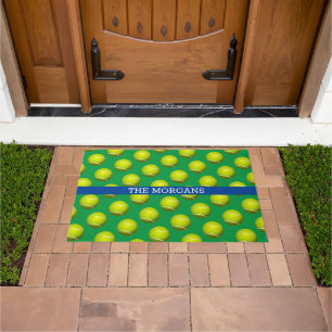 Tennis Ball Pattern, White Name, Blue & Green Doormat