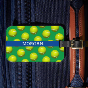 Tennis Ball Pattern, White Name, Blue & Green Luggage Tag