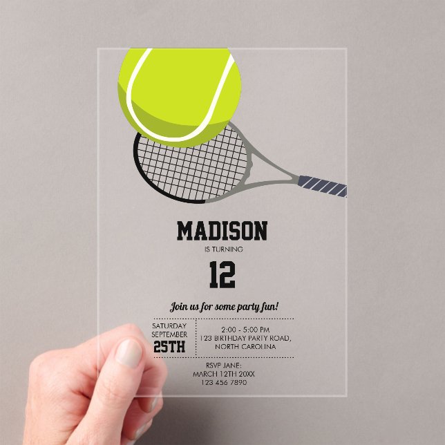 Tennis Ball & Racket Racquet Birthday Party Acrylic Invitations (Insitu (Handheld))