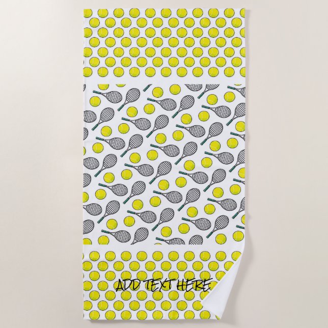 Tennis Ball Racquet Yellow White Black Sports Beach Towel (Front)