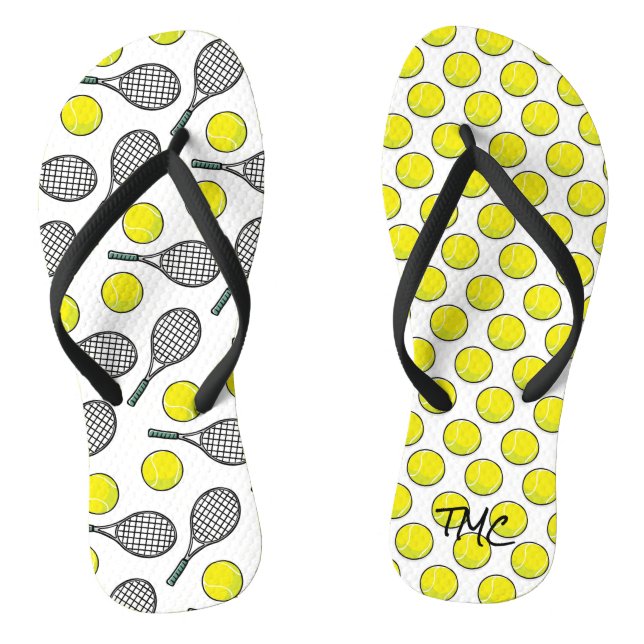Tennis Ball Racquet Yellow White Black Sports Jandals (Footbed)