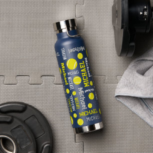 Tennis ball sports grey yellow white custom name water bottle