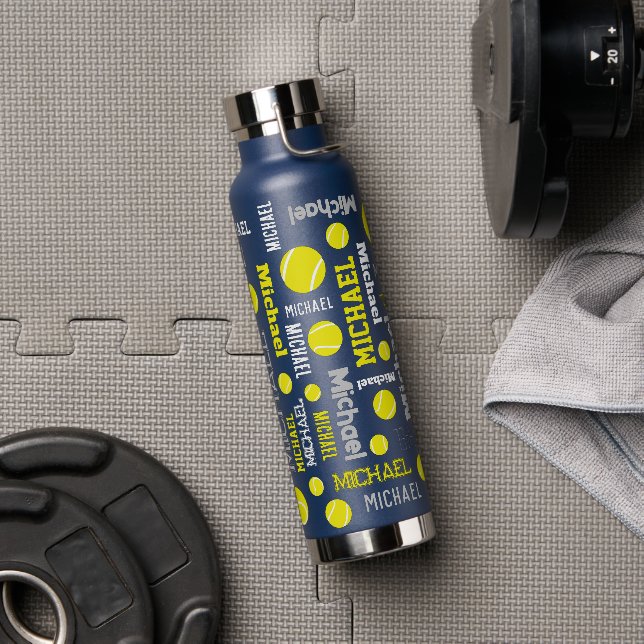 Tennis ball sports grey yellow white custom name water bottle (Gym)