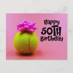 Tennis ball with 50th birthday word on pink  postcard