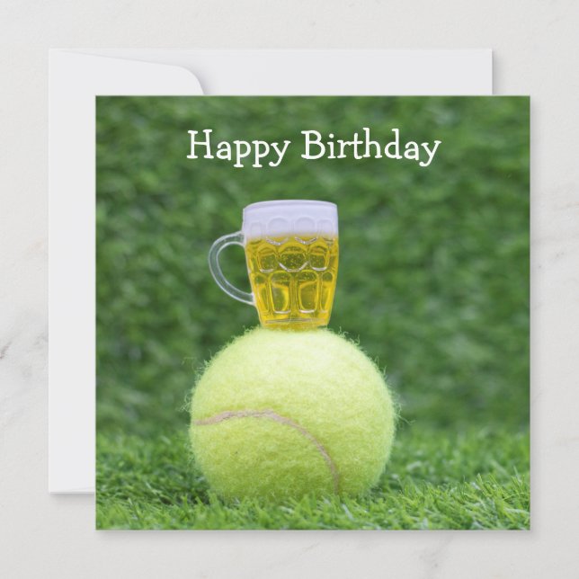 Tennis ball with beer on green grass birthday card (Front)