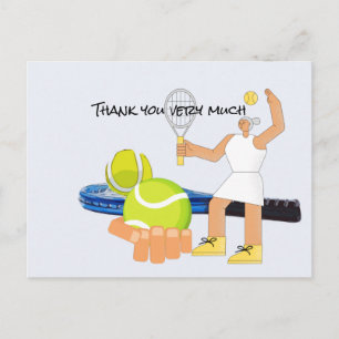 Tennis ball with blue racket and woman player postcard