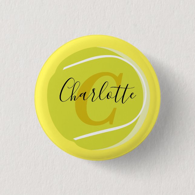 Tennis ball with Gold Monogram Script name  yellow 3 Cm Round Badge (Front)