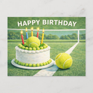 Tennis ball with happy birthday and cake on green postcard
