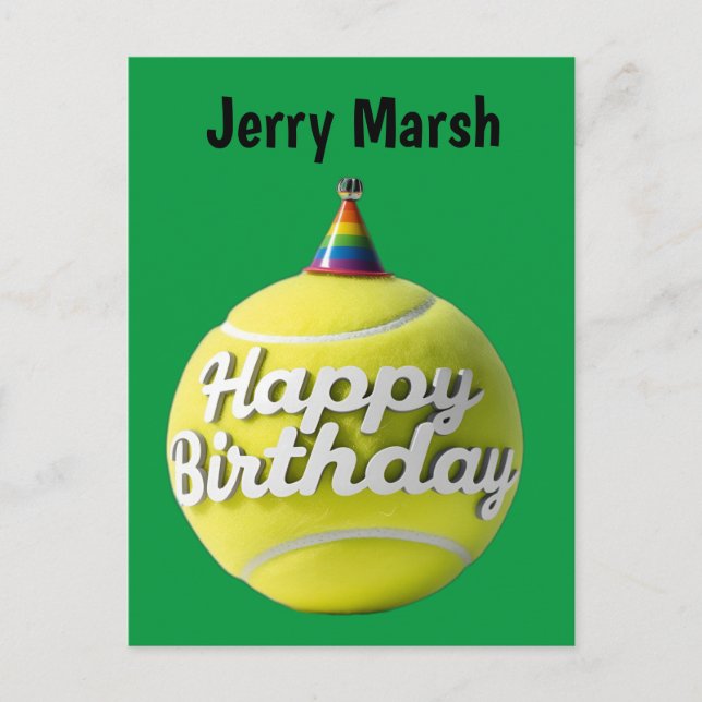 Tennis ball with happy birthday birthday hat postcard (Front)